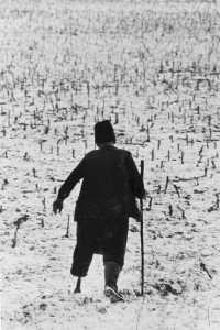 Ein Hirte in Szék mit Beinprothese aus Holz: Der Mann verlor sein linkes Bein im Zweiten Weltkrieg. (Szék/Sic, Rumänien, 1976)