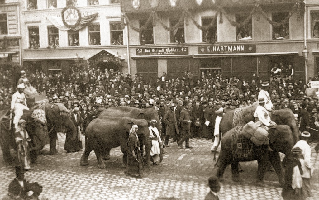 Die Elefanten der Kaufmannsgruppe im Festzug zur Centenarfeier, 1888.