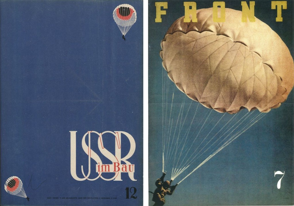 Left: SSSR na stroike (USSR in Construction), here the German edition (U[d]SSR im Bau), 1935, no. 12, ›Fearless Soviet Parachutists‹, cover page, original size ca. 412 x 300mm. Designed by Alexander Rodchenko and Varvara Stepanova © Right: FRONT, English edition, 1943, no. 7, ›Japanese Army Paratroop Units‹, cover page, original size A3. Designed by Hara Hiromu ©