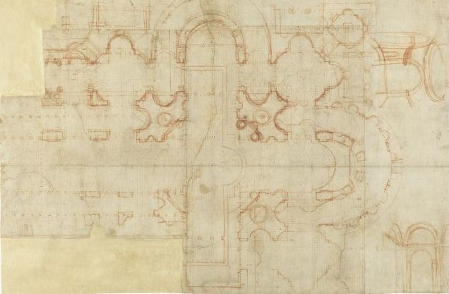 Donato Bramante, Plan für den Neubau von Neu-St. Peter, 1505, Florenz, Uffizien, Gabinetto dei Disegni e delle Stampe, inv. 20 A recto. Quelle: Palladio Museum Vicenza, Italien http://www.palladiomuseum.org/img/schede/379.jpg, Lizenz: gemeinfrei