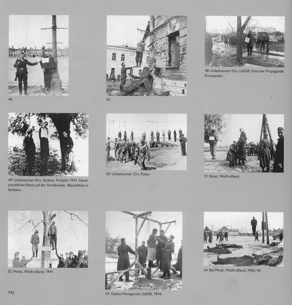 Fotografien unterschiedlicher Provenienz, die in der Ausstellung „Vernichtungskrieg. Verbrechen der Wehrmacht 1941 bis 1944" und im Katalog als thematischer Bildblock unter der Überschrift „Galgen" präsentiert wurden. Aus: Hamburger Institut für Sozialforschung (Hrsg.), Vernichtungskrieg. Verbrechen der Wehrmacht 1941 bis 1944, Ausstellungskatalog, Hamburg 1996, S. 192 © Hamburger Edition HIS Verlagsges. mbH