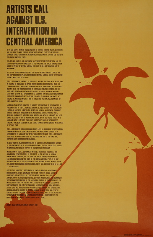 Claes Oldenburg (Plakatentwurf), Artists call against U.S. Intervention in Central America, Plakat, 1984, Slg. Museum der Arbeit, SHMH © mit freundlicher Genehmigung 
