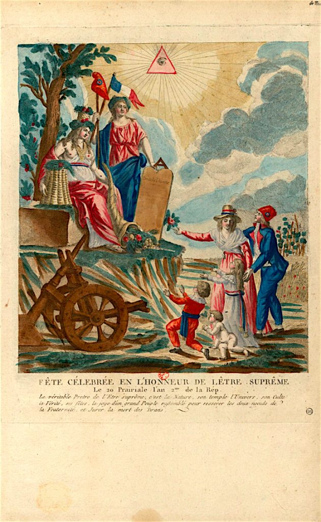 Fête célébrée en l’honneur de l’Être suprême, le 20 prairial an II de la République Gravure à l’eau forte, coloriée, 1794, Bibliothèque nationale de France, Paris, gemeinfrei 