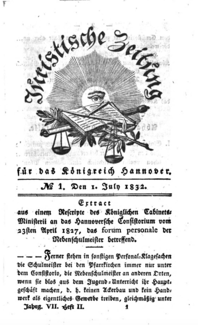 Titelblatt „Juristische Zeitung für das Königreich Hannover“, Nr. 1, 1,7.1832, gemeinfrei