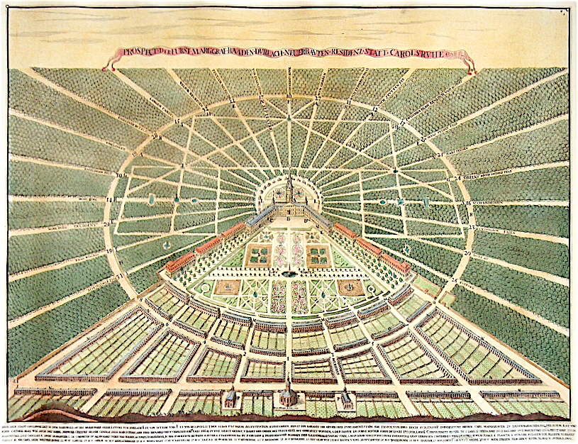 Stadtansicht Karlsruhe, Kupferstich von Heinrich Schwarz 1721, Quelle: Wikimedia Commons https://commons.wikimedia.org/wiki/File:Karlsruher_Stadtansicht.jpg?uselang=de, gemeinfrei