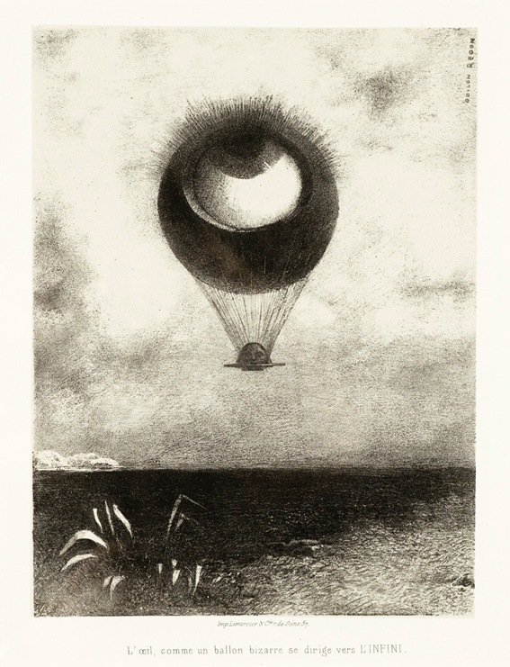 Odilon Redon, „L‘Oeil comme un ballon bizarre se dirige vers l'infini“, Lithografie 1882, Wallis Foundation Fund in memory of Hal B. Wallis. Quelle: Wikimedia Commons https://commons.wikimedia.org/wiki/File:To_Edgar_Poe_(The_Eye,_Like_a_Strange_Balloon,_Mounts_toward_Infinity)_(A_Edgar_Poe_(L%27oeil,_comme_un_ballon_bizarre_se_dirige_vers_l%27infini))_LACMA_AC1997.14.1.1.jpg?uselang=de, gemeinfrei 