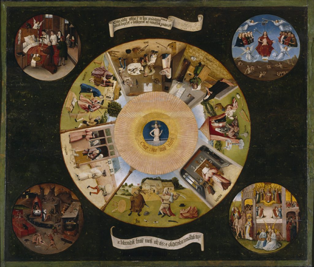 Schüler des Hieronymos Bosch, „Die sieben Todsünden und die letzten vier Dinge“, um 1495-1520, Öl auf Holz, Prado Madrid, gemeinfrei